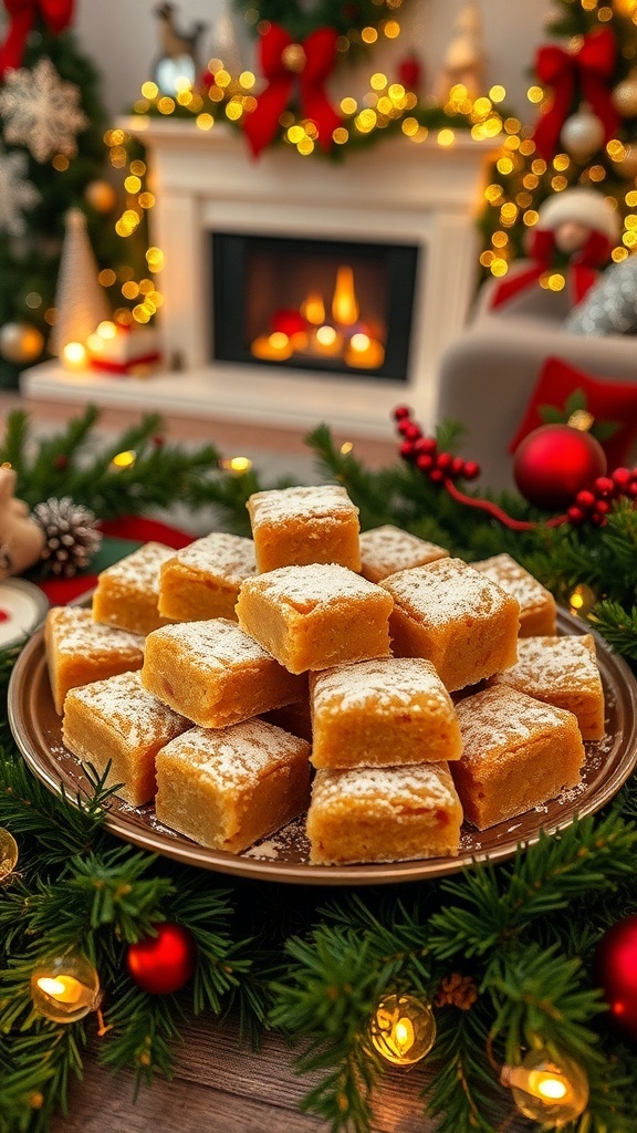 Christmas Wallpaper Aesthetic A plate of Christmas treats dusted with powdered sugar, surrounded by festive decorations.